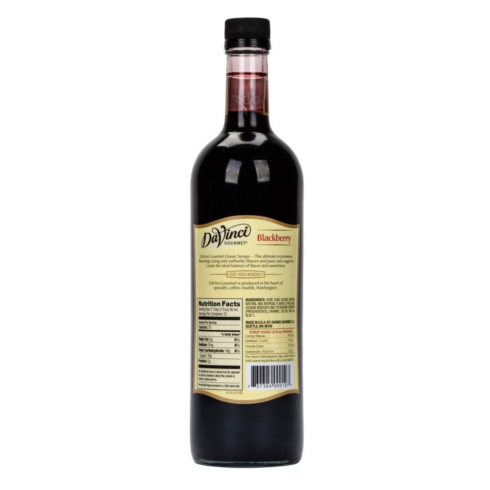 DaVinci Gourmet blackberry syrup bottle close-up highlighting glossy syrup for espresso beverages