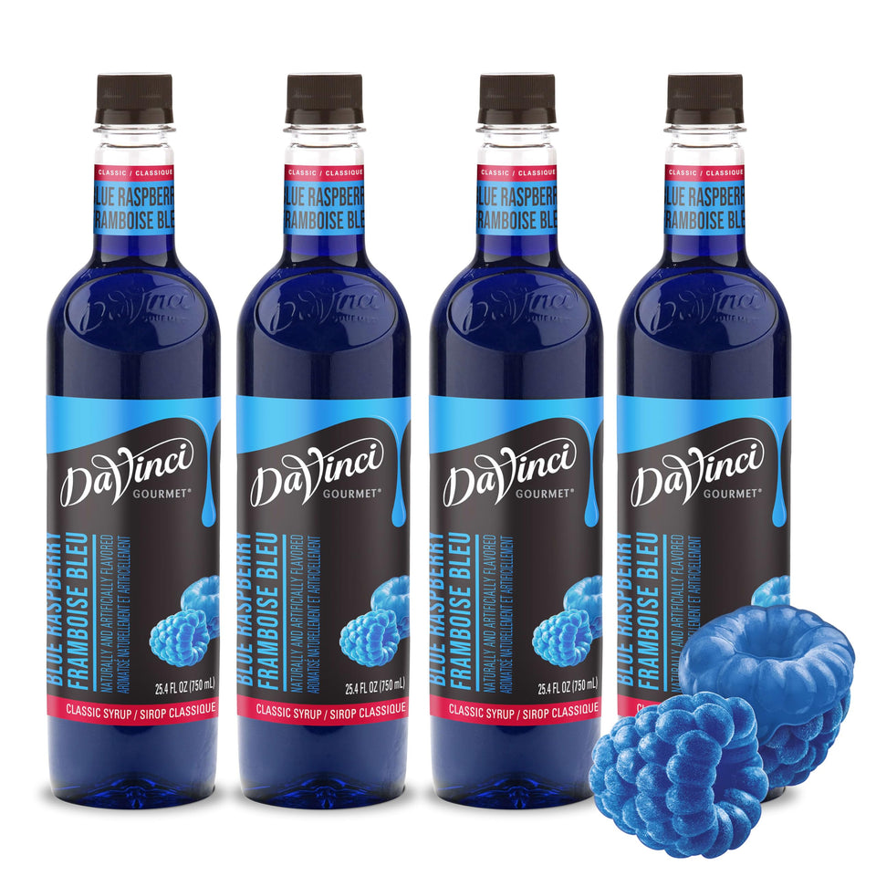 DaVinci Gourmet Blue Raspberry syrup bottle adds bold color and flavor.