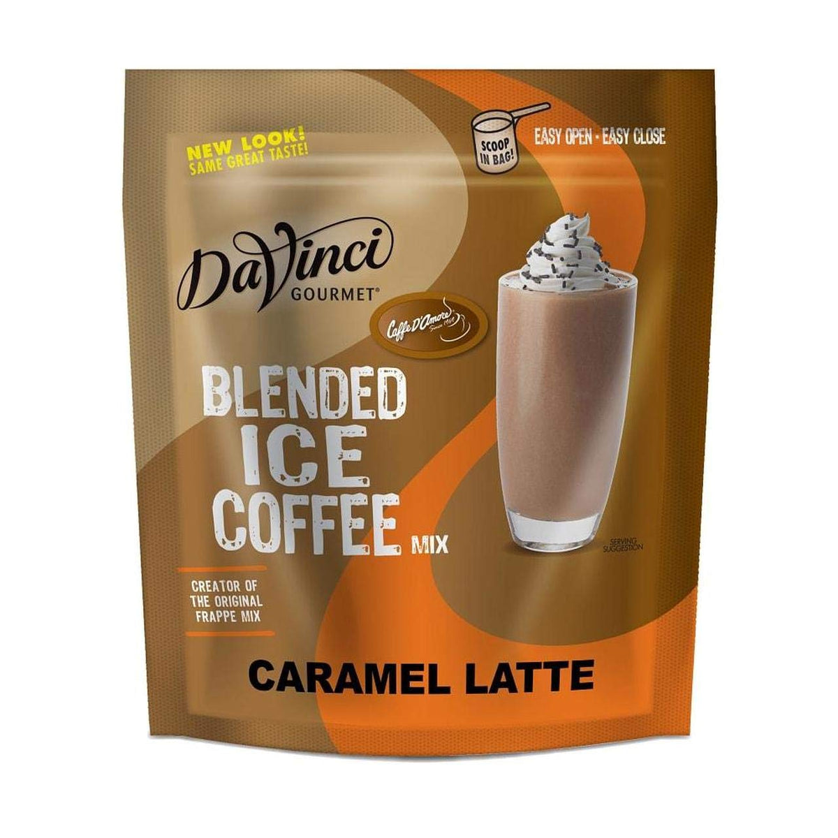 DaVinci Gourmet Caramel Blended Iced Coffee Mix package front, ideal for creamy frappes and cold coffees.