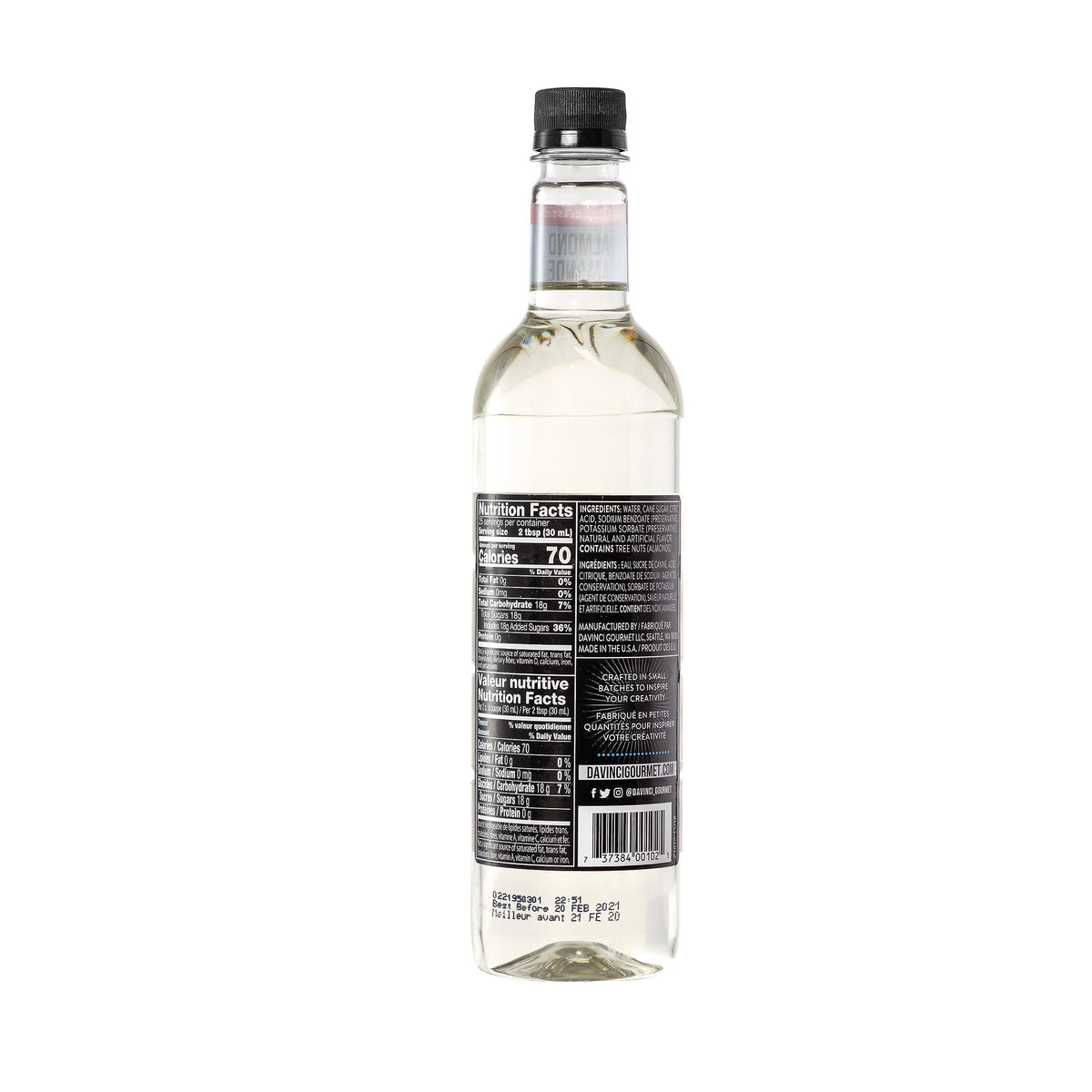 DaVinci Gourmet Classic Almond Syrup label closeup highlighting premium ingredients and branding