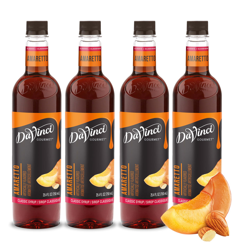 Davinci Gourmet Classic Amaretto Syrup bottle highlights premium flavor for beverages and desserts.