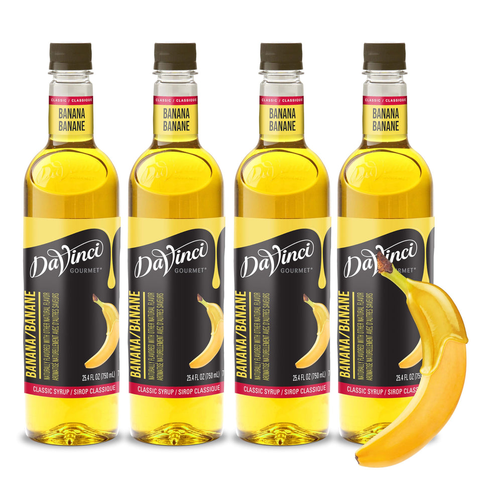 DaVinci Gourmet Classic Banana Syrup 4-pack bottles for versatile beverages.