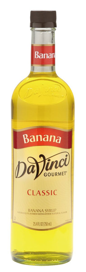 DaVinci Gourmet Classic Banana Syrup bottle front view, perfect for adding banana flavor to coffee and desserts.