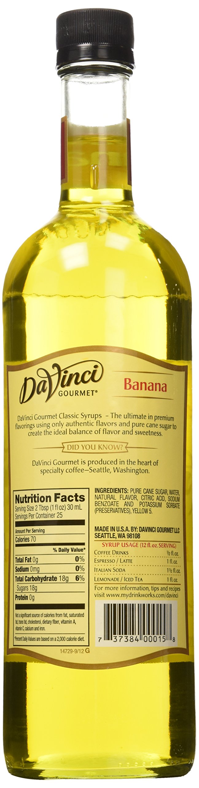 DaVinci Gourmet Classic Banana Syrup bottle pour, great for barista drinks and tropical cocktails.