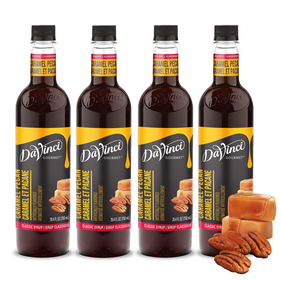 DaVinci Gourmet Classic Caramel Pecan syrup bottle highlights premium flavor for drinks