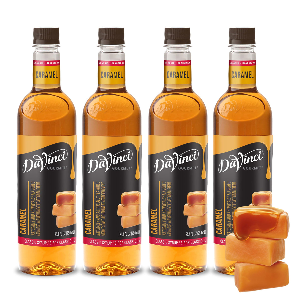 Davinci Gourmet Classic Caramel Syrup bottle close-up for premium coffee flavor.