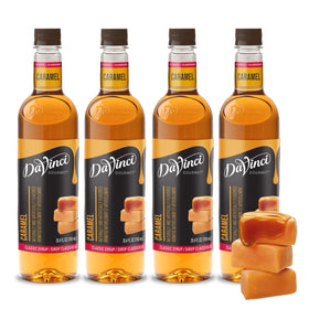 Davinci Gourmet Classic Caramel Syrup bottle close-up for premium coffee flavor.