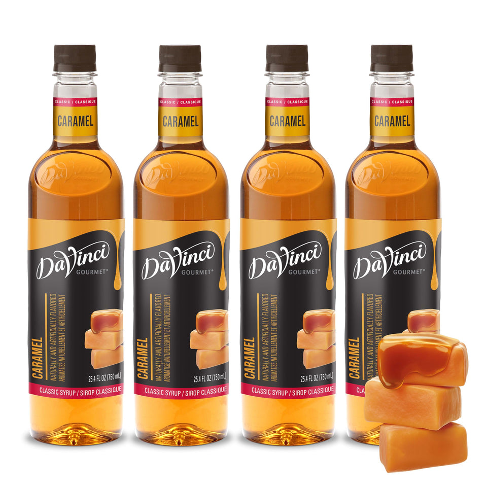 Davinci Gourmet Classic Caramel Syrup bottle close-up for premium coffee flavor.