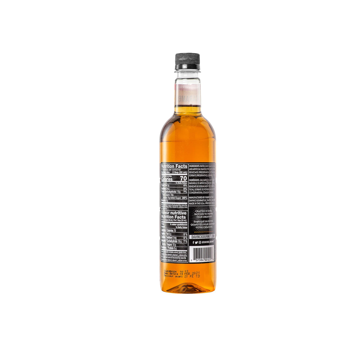 Pouring Davinci Gourmet Classic Caramel Syrup over dessert for caramel drizzle.