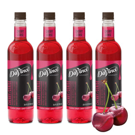 DaVinci Gourmet Classic Cherry Syrup bottle pour enhances beverages with bright cherry flavor.