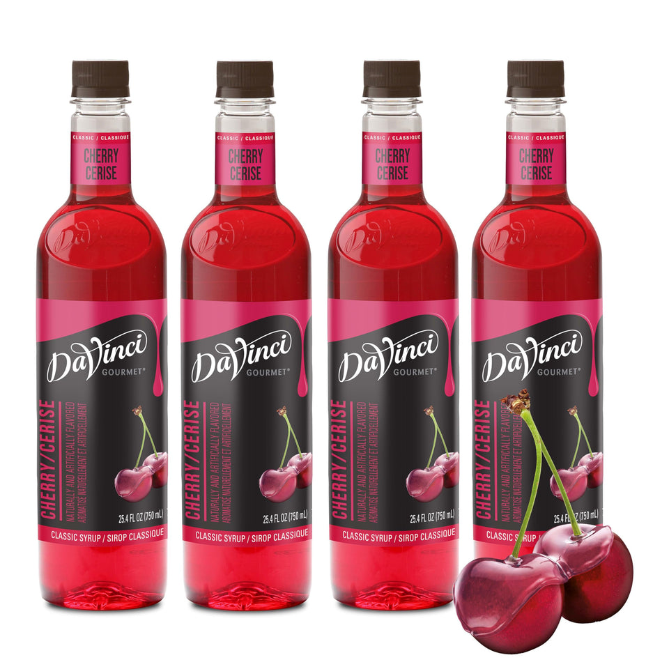 DaVinci Gourmet Classic Cherry Syrup bottle pour enhances beverages with bright cherry flavor.