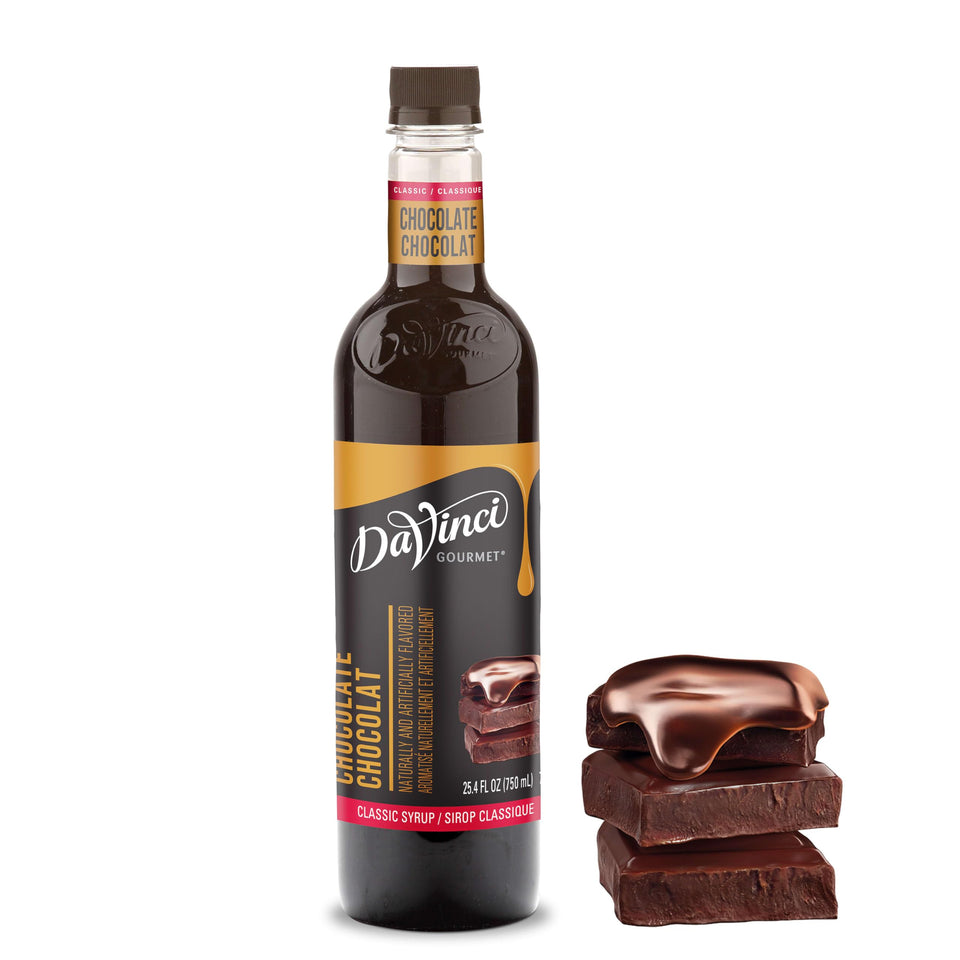DaVinci Gourmet Classic Chocolate Syrup bottle enhances beverages with rich semisweet chocolate.