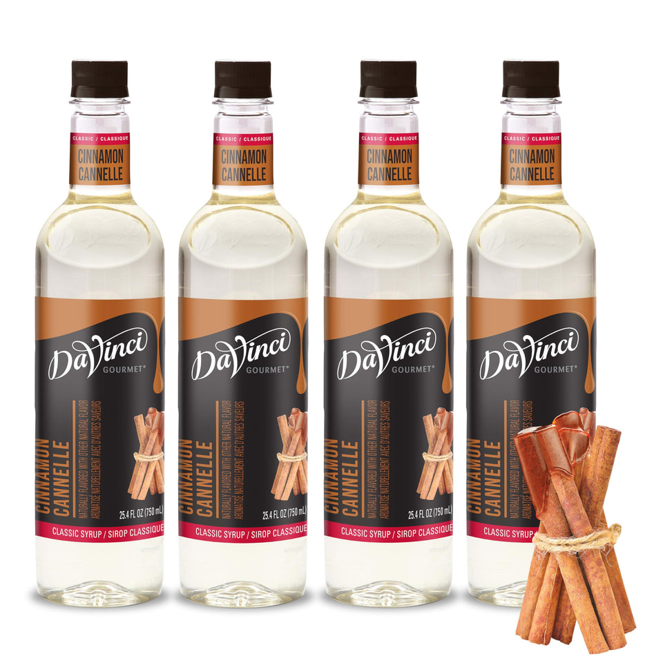 DaVinci Gourmet Classic Cinnamon Syrup bottle pouring into coffee for warm spice.