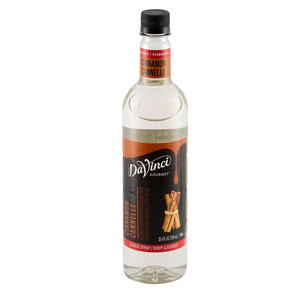 DaVinci Gourmet Classic Cinnamon Syrup pack of four bottles on display.