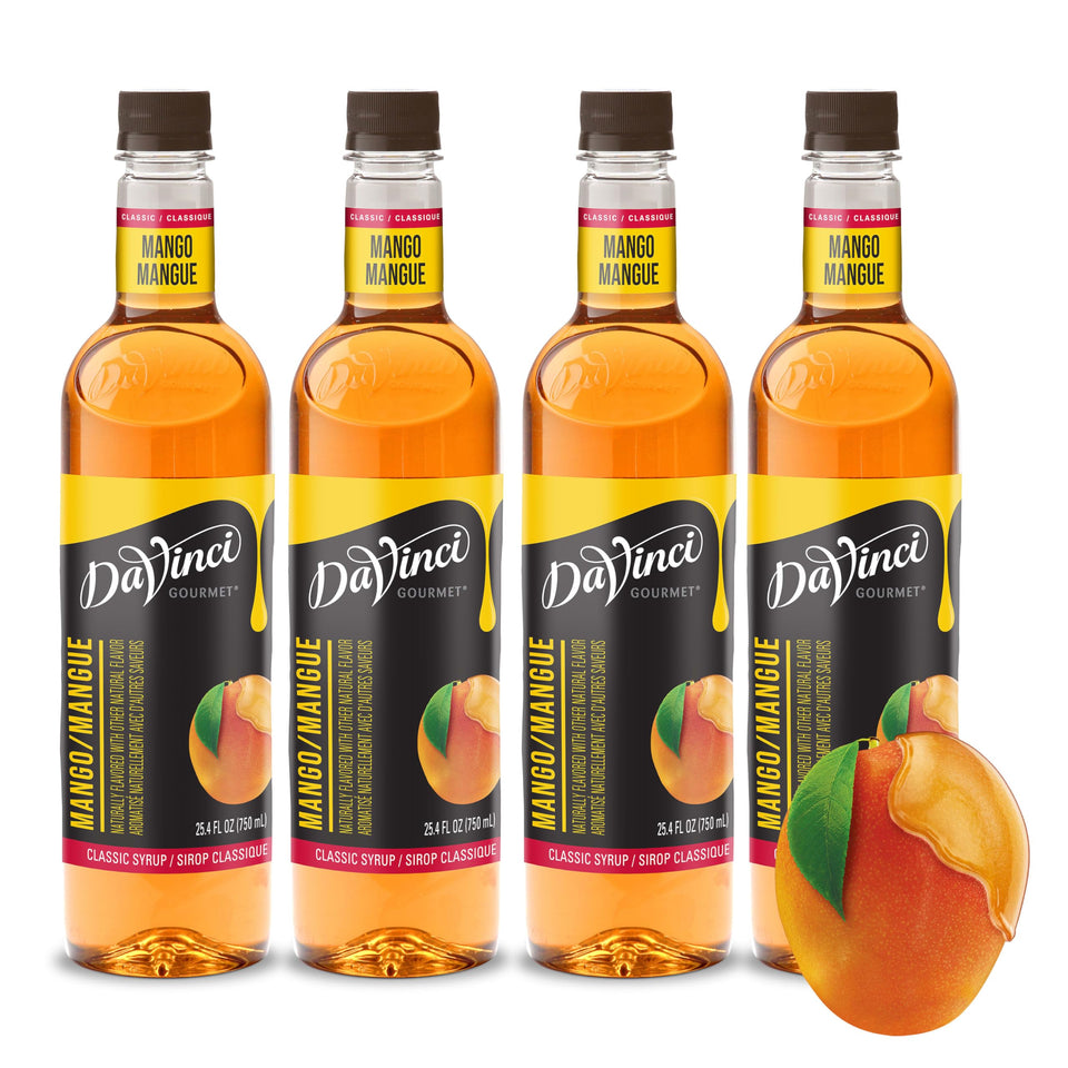 DaVinci Gourmet Classic Mango Syrup bottle pour adds tropical flavor to beverages