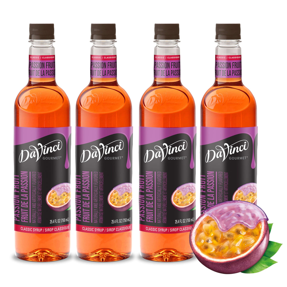 DaVinci Gourmet Classic Passion Fruit Syrup bottle highlighting tropical flavor for cocktails.