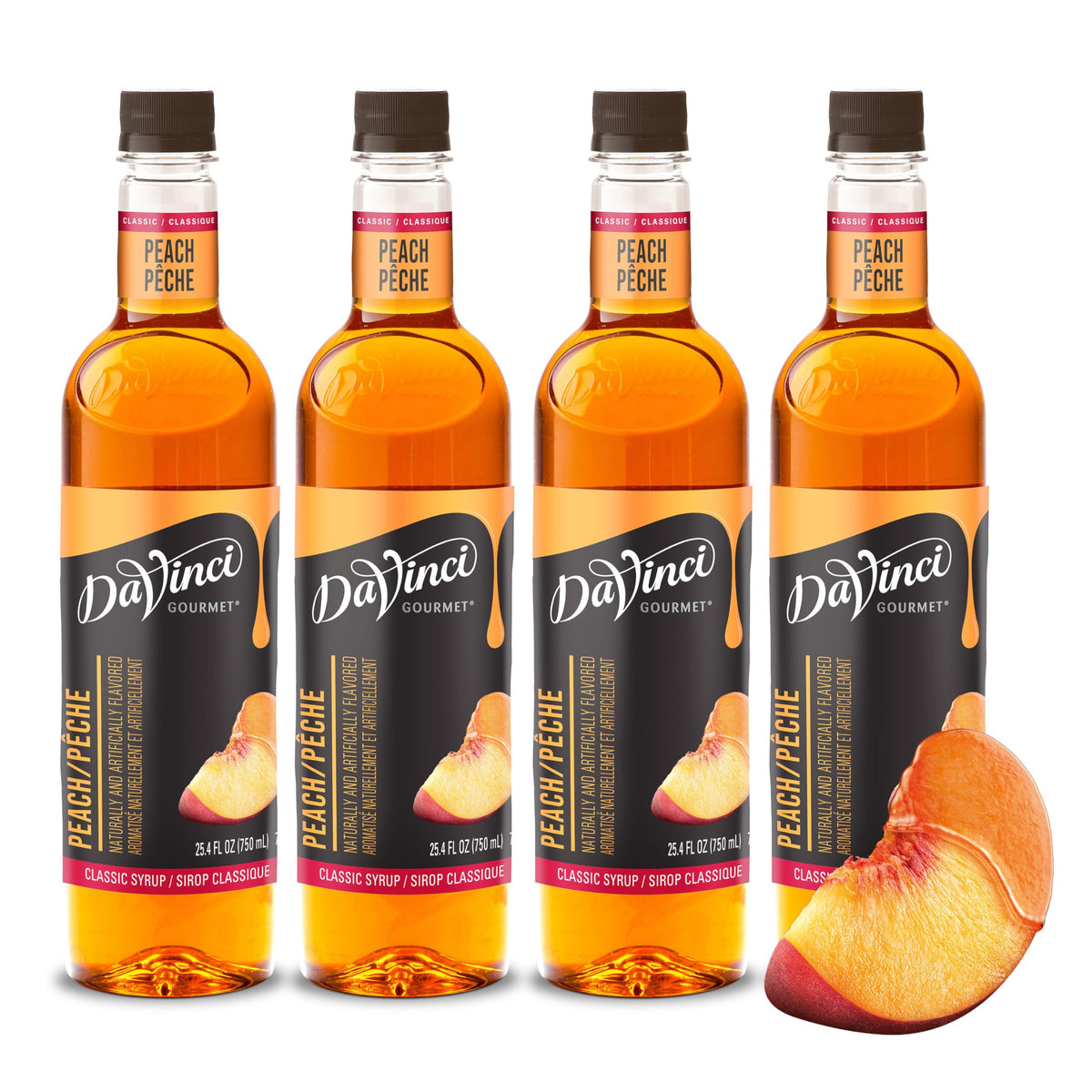 DaVinci Gourmet Classic Peach Syrup bottle enhances beverages with authentic peach flavor.