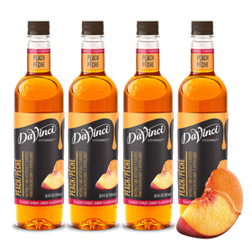 DaVinci Gourmet Classic Peach Syrup bottle enhances beverages with authentic peach flavor.