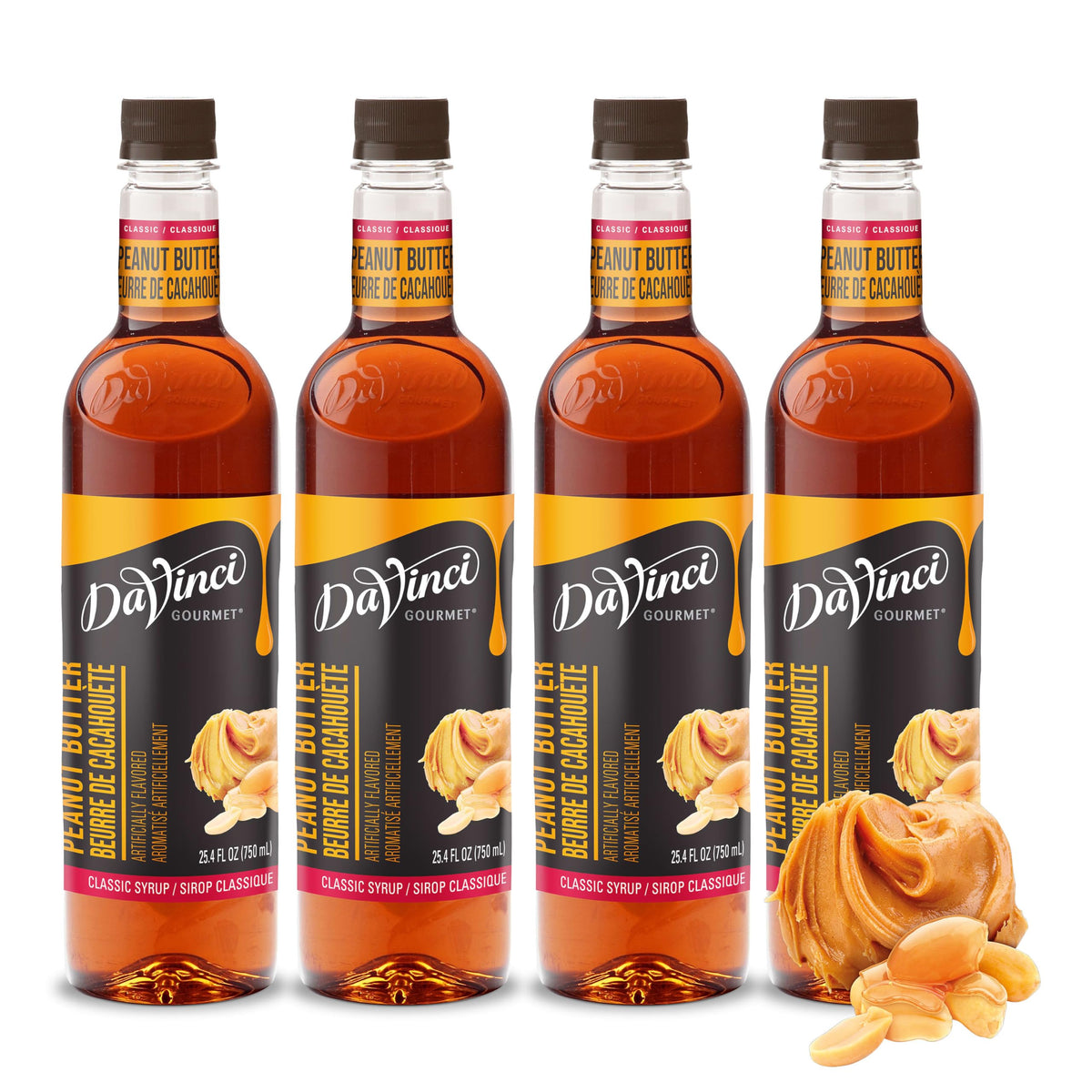 DaVinci Gourmet Classic Peanut Butter Syrup bottle pouring rich flavor into beverages.
