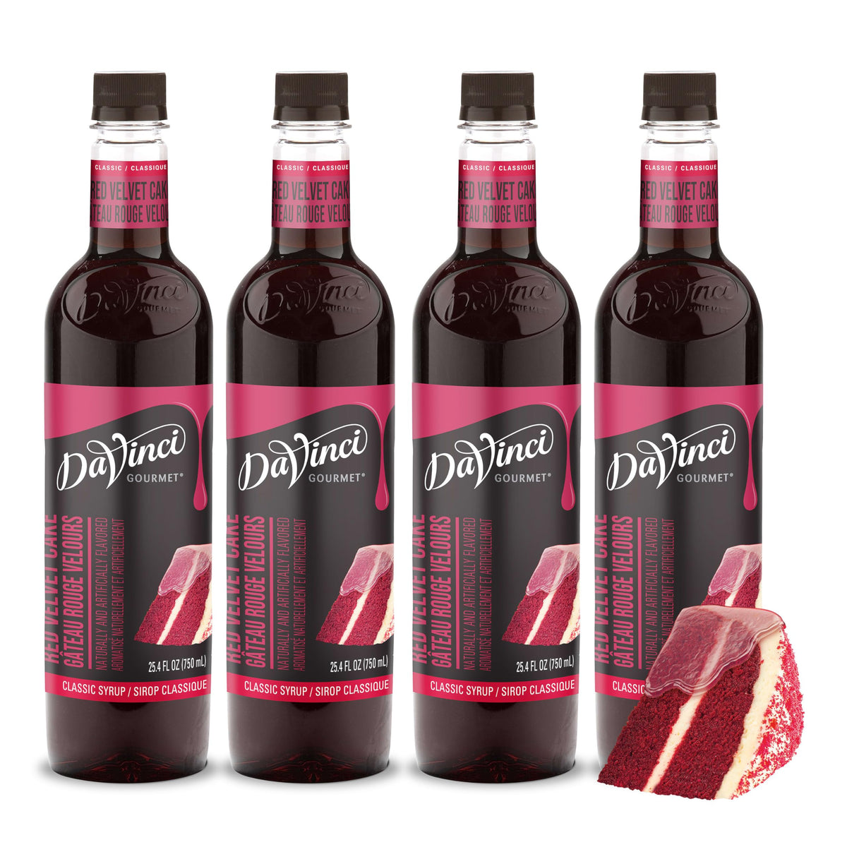 DaVinci Gourmet Classic Red Velvet Cake Syrup bottle pour for rich beverages.