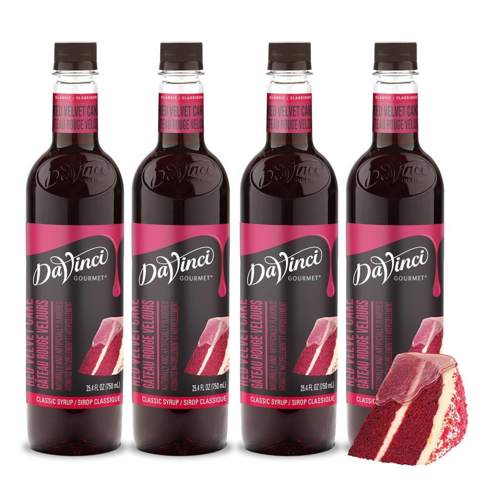 DaVinci Gourmet Classic Red Velvet Cake Syrup bottle pour for rich beverages.