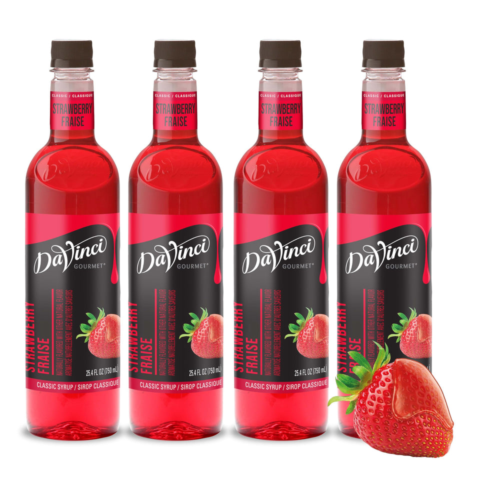DaVinci Gourmet Classic Strawberry Syrup bottle on counter showcasing premium flavor