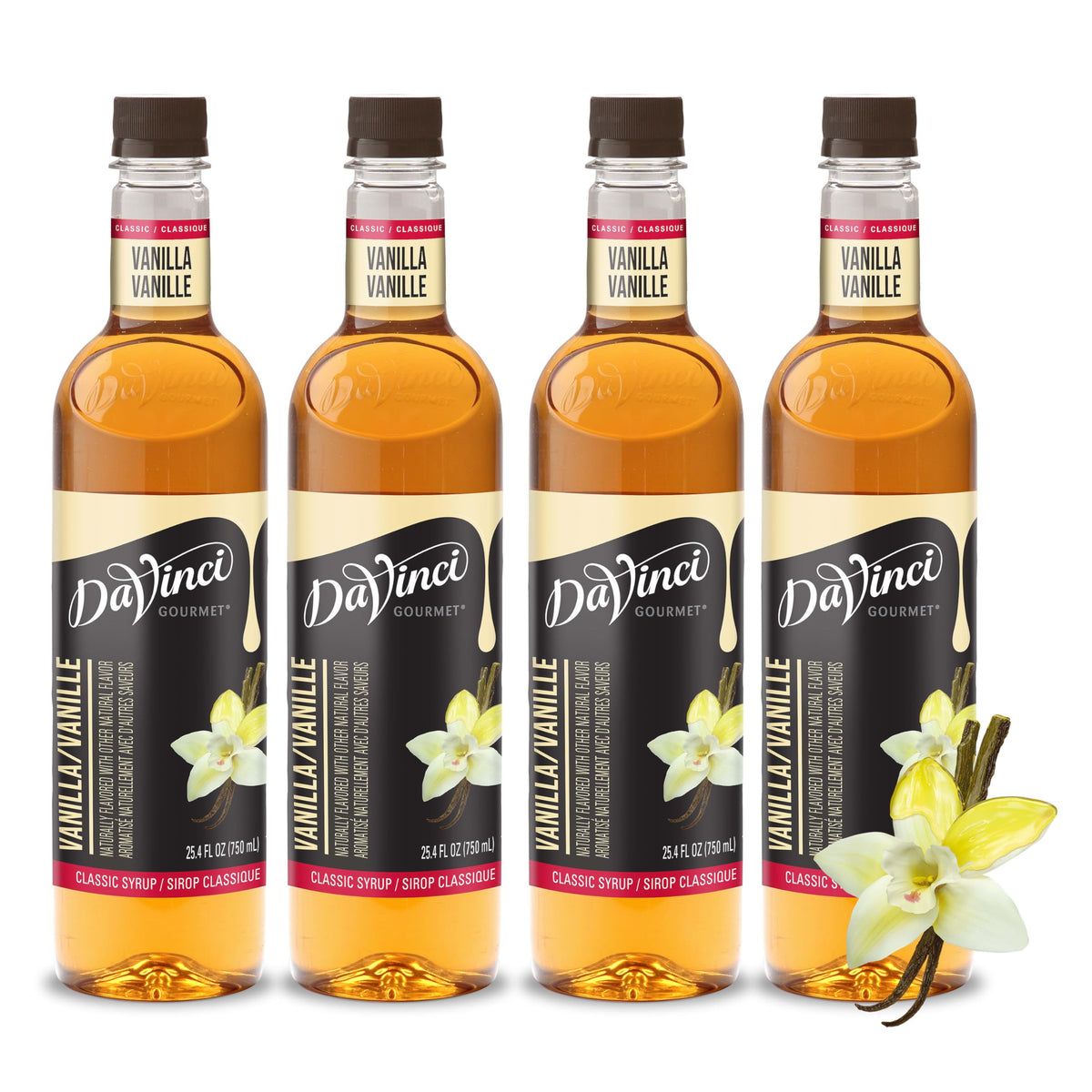 DaVinci Gourmet Classic Vanilla Syrup 4-pack front view for coffee and desserts