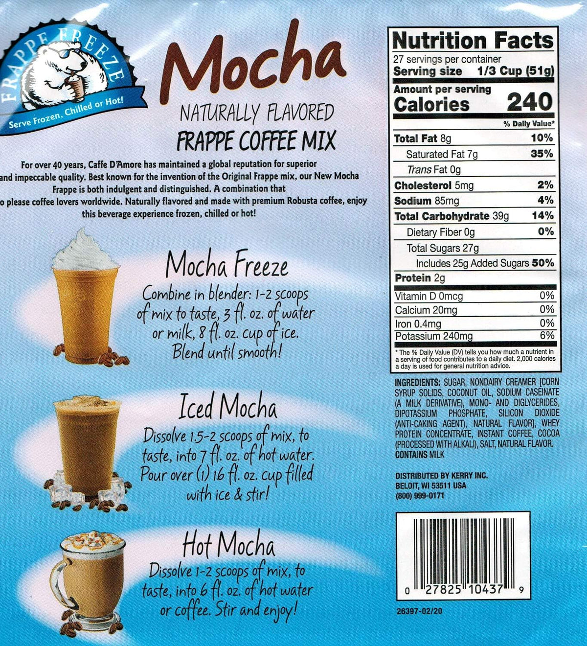 DaVinci Gourmet Frappe Freeze Mocha cup served over ice, ready to blend or sip