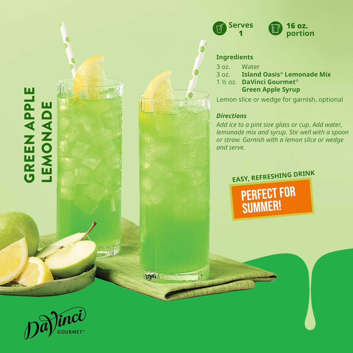 Ingredients ready: DaVinci Green Apple Syrup in prep station.