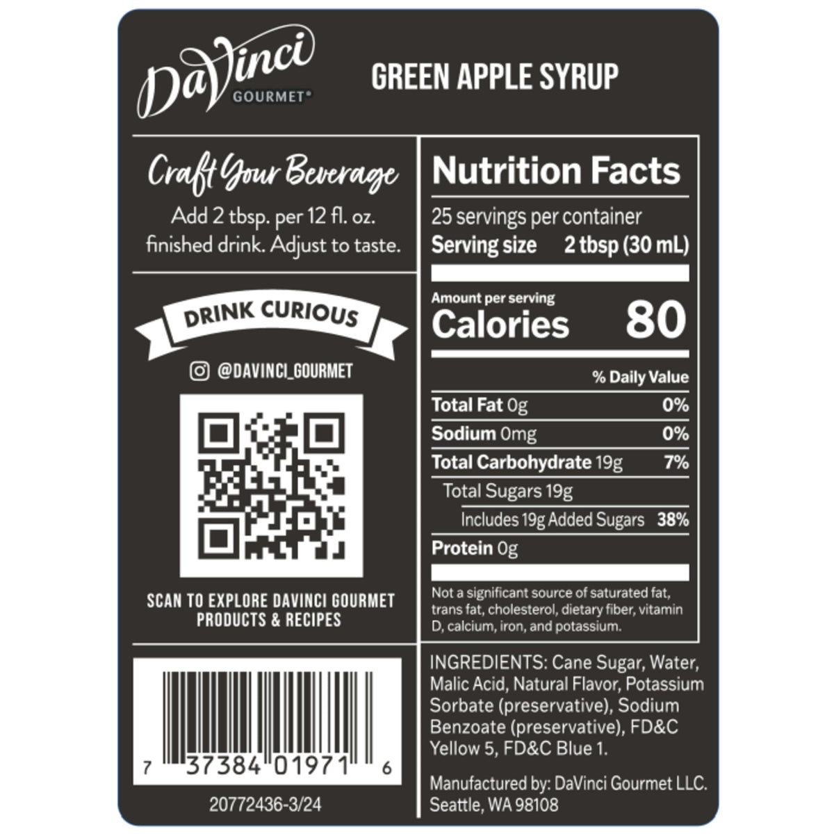 Pouring DaVinci Green Apple Syrup into a bright mocktail.