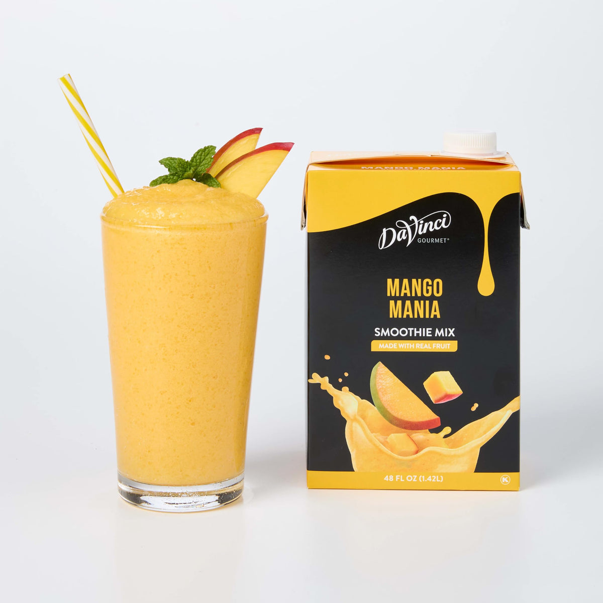 DaVinci Gourmet Mango Mania smoothie mix bottle shows real fruit flavor for bold blends.