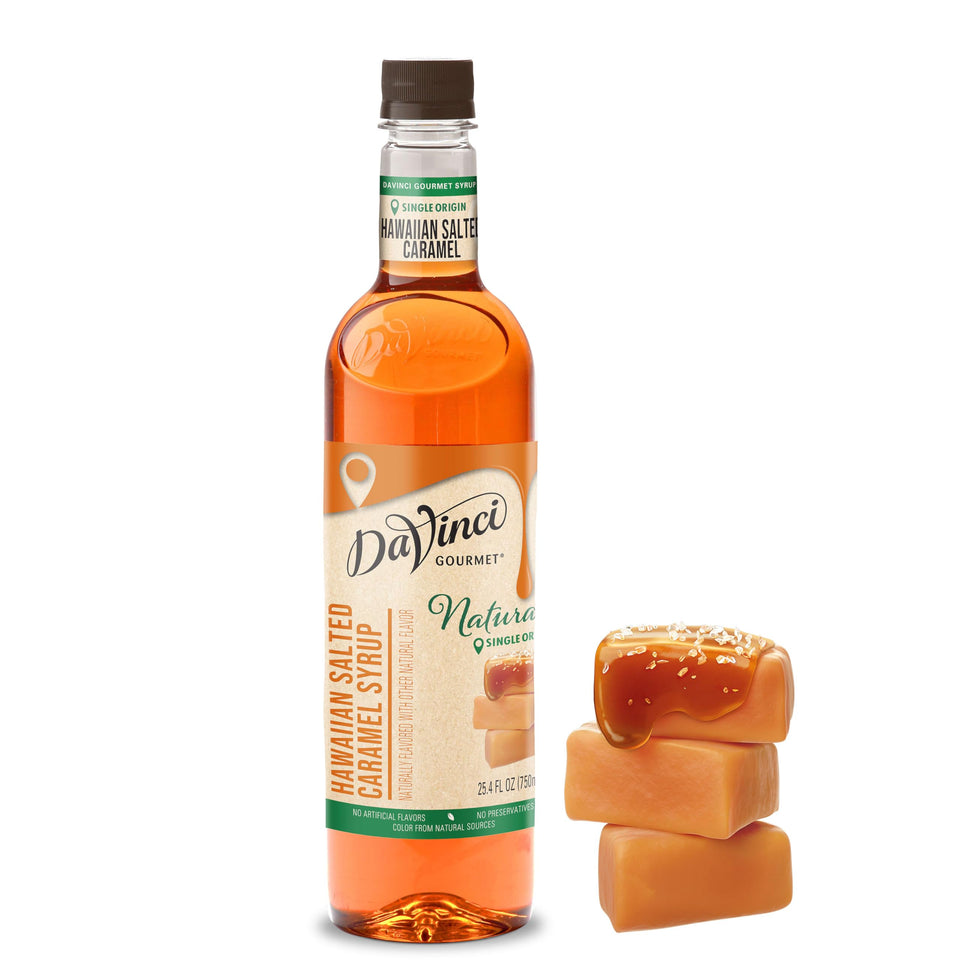 DaVinci Gourmet Naturals Hawaiian Salted Caramel bottle elevates beverages with premium flavor.