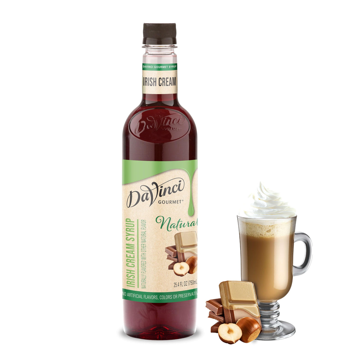 DaVinci Gourmet Naturals Irish Cream Syrup bottle showcasing premium natural ingredients.