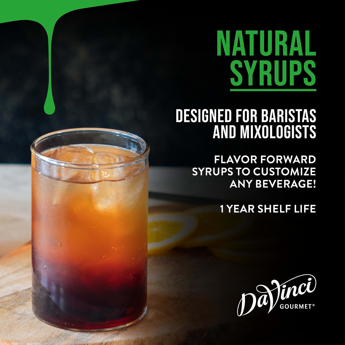 DaVinci Gourmet Old Fashioned Syrup label detail showcasing ingredients and batch notes.