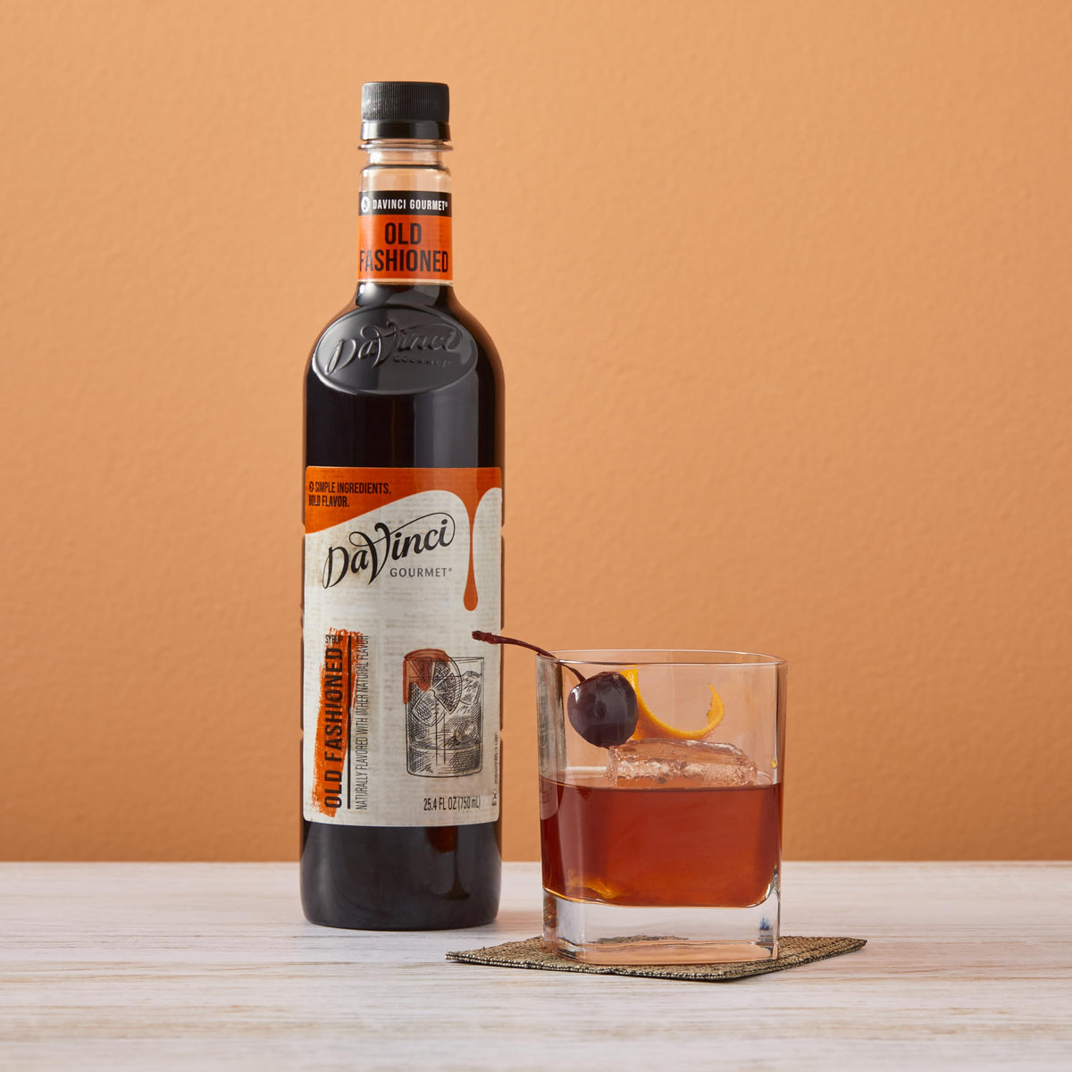 DaVinci Gourmet Old Fashioned Syrup pour closeup highlighting cherry and orange aroma.