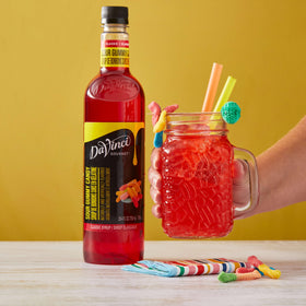 DaVinci Gourmet Sour Gummy Syrup label closeup communicates authentic branding and packaging.