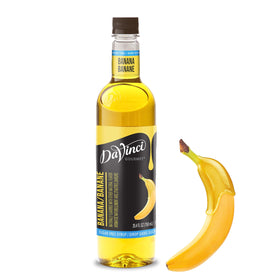 DaVinci Gourmet Sugar-Free Banana Syrup bottle pour for sugar-free coffee flavor.