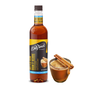 DaVinci Gourmet sugar-free butter rum syrup bottle closeup for sugar-free coffee flavoring.