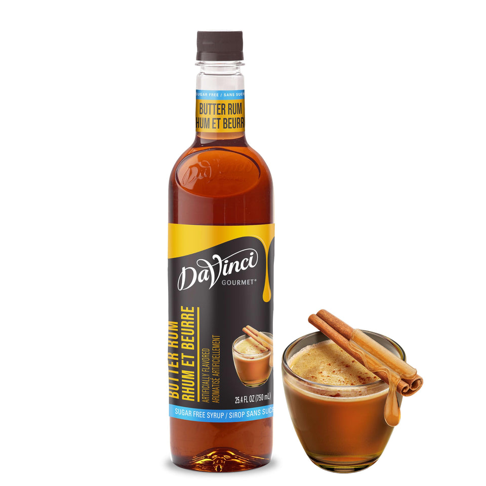 DaVinci Gourmet sugar-free butter rum syrup bottle closeup for sugar-free coffee flavoring.