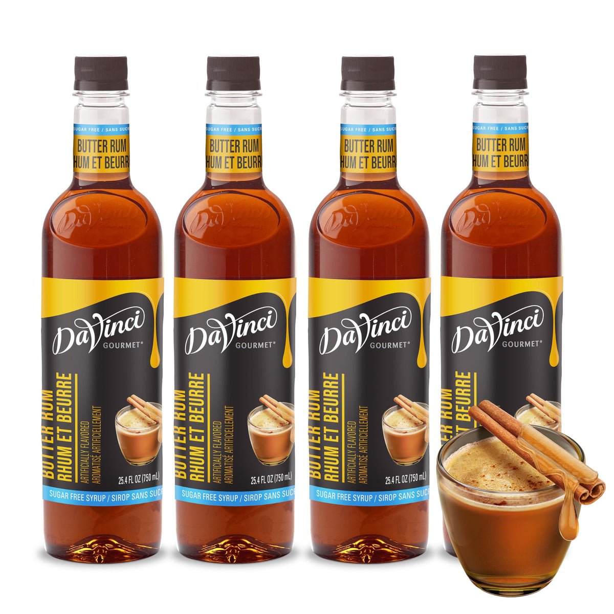 DaVinci Gourmet Sugar Free Butter Rum Syrup bottle 4-pack enhances drinks and desserts without sugar.