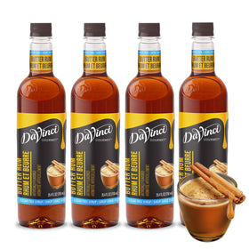 DaVinci Gourmet Sugar Free Butter Rum Syrup bottle 4-pack enhances drinks and desserts without sugar.
