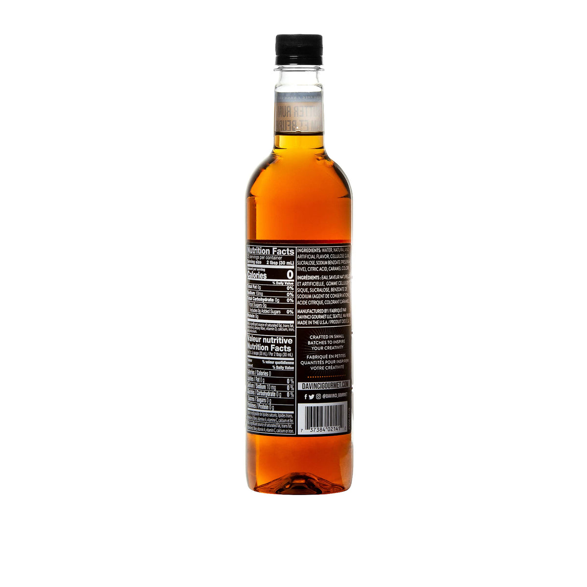 DaVinci Gourmet sugar-free butter rum syrup poured into coffee for indulgent flavor.