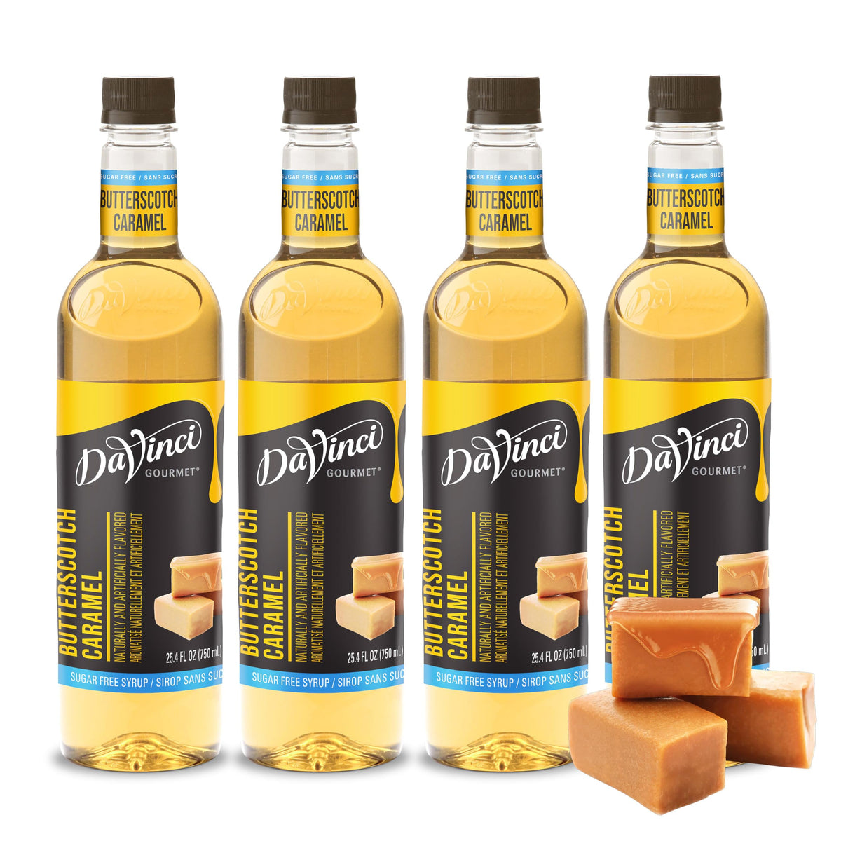 DaVinci Gourmet Sugar-Free Butterscotch Syrup bottle being poured for rich flavor without sugar