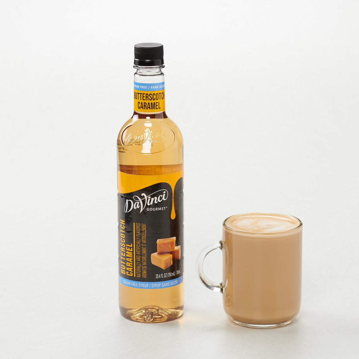 DaVinci Gourmet Sugar-Free Butterscotch Syrup in cold beverage, guilt-free flavor