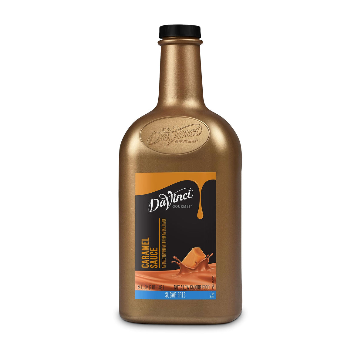 DaVinci Gourmet Sugar Free Caramel bottle, 64oz, ideal for beverages and desserts.