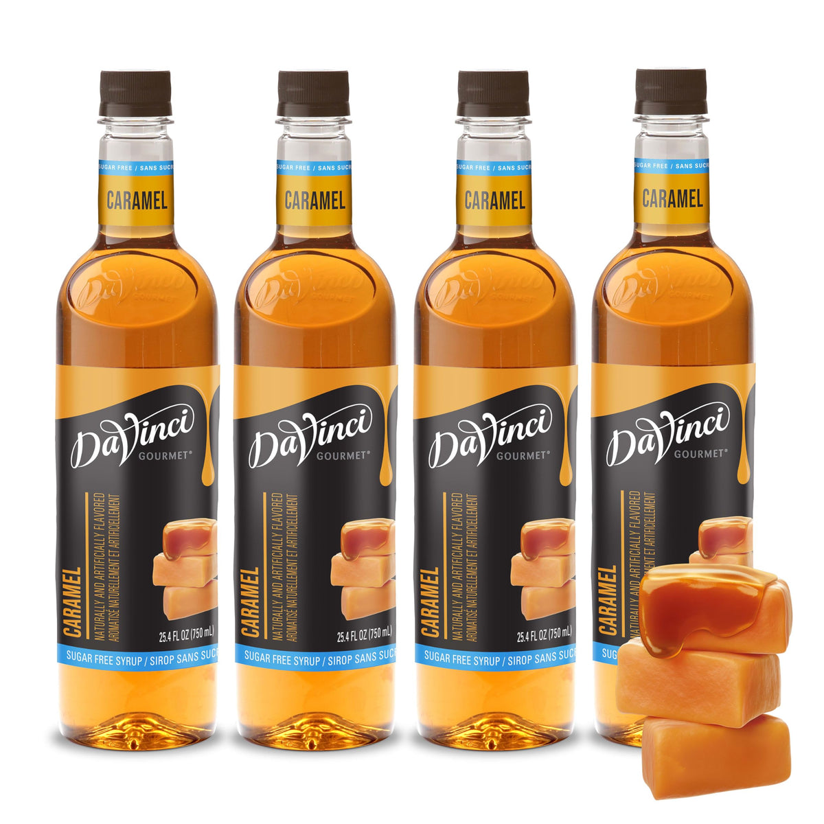 DaVinci Gourmet Sugar-Free Caramel Syrup bottle closeup showing sugar-free caramel flavor.