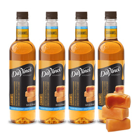 DaVinci Gourmet Sugar-Free Caramel Syrup bottle closeup showing sugar-free caramel flavor.
