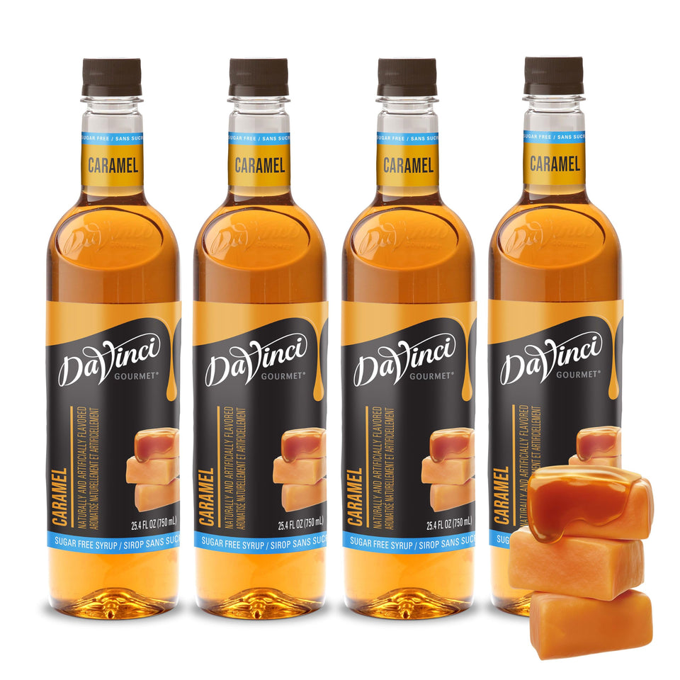 DaVinci Gourmet Sugar-Free Caramel Syrup bottle closeup showing sugar-free caramel flavor.