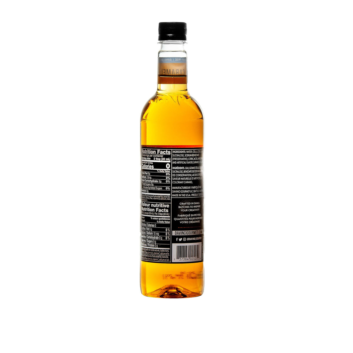 DaVinci Gourmet Sugar-Free Caramel Syrup bottle label with bold branding for easy recognition.