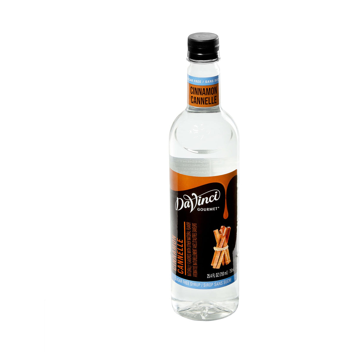 Label close-up of DaVinci Gourmet Sugar-Free Cinnamon Syrup for premium use.